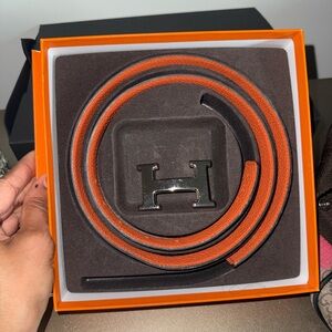 Hermès Reversible Orange/Black Leather Belt with H Buckle